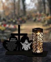 Solar LED Candle Tombstone Statuette Cross And Two Hearts All Saints