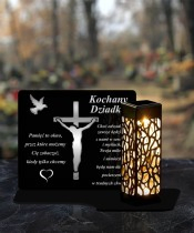 Znicz Solarny LED Na Pomnik Statuetka Na Grób Srebrne Zdobienie Krzyż 3D