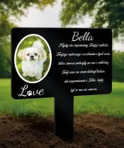 Gedenktafel für ein Hundegrab mit Foto und personalisierter Kerze