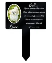 Gedenktafel für ein Hundegrab mit Foto und personalisierter Kerze