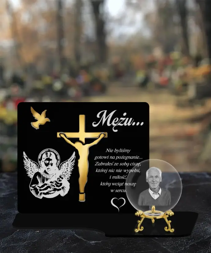 Znicz Premium Statuetka Krzyż Jezus Złota Kryształowa Kula Zdjęcie 3D Na Grób