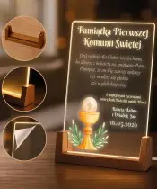 Pamiątka Pierwszej Komunii Świętej Drewniana Podstawka LED
