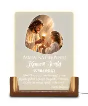 Pamiątka Pierwszej Komunii Świętej Drewniana Ramka LED Serce
