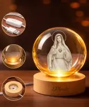 3D Crystal Ball Mother of God Mary Wooden LED Base