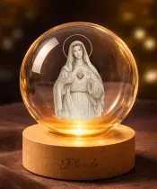 3D-Kristallkugel Muttergottes Maria mit LED-Sockel aus Holz