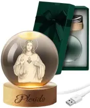 3D-Kristallkugel Muttergottes Maria mit LED-Sockel aus Holz
