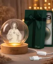 3D Crystal Ball Mother of God Mary Wooden LED Base