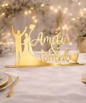 Napis Złoty Młoda Para z Imionami Elegancka Dekoracja Stołu Weselnego, Pleksa Lustrzana 50 cm