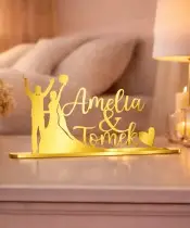 Napis Złoty Młoda Para z Imionami Elegancka Dekoracja Stołu Weselnego, Pleksa Lustrzana 50 cm