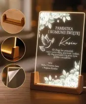 Pamiątka Pierwszej Komunii Świętej Drewniana Ramka LED Roże