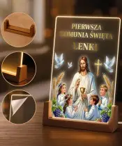 Pamiątka Pierwszej Komunii Świętej Drewniana Ramka LED Jezus z Dziećmi