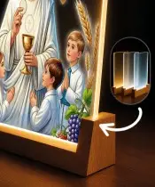 Souvenir zur Erstkommunion: Holzrahmen mit LED-Beleuchtung, Jesus mit Kindern