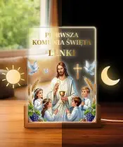 Souvenir zur Erstkommunion: Holzrahmen mit LED-Beleuchtung, Jesus mit Kindern
