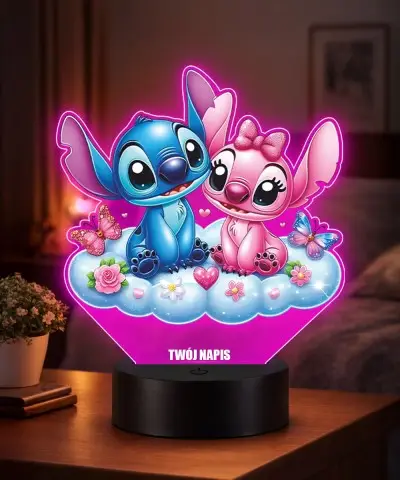 Lampka LED 3D Plexido z Nadrukiem UV Lilo i Stich i Angel Chmurka| Plexido.pl