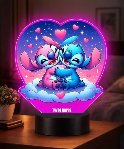 Lampka LED 3D Plexido z Nadrukiem UV Lilo i Stich i Angel Serce| Plexido.pl