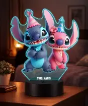 Lampka Nocna LED 3D Stitch i Angel Urodzinowa z Imieniem