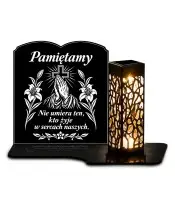 Duży znicz solarny LED XL z grawerem — Pamiętamy — dłonie i lilie, księga — białe tło