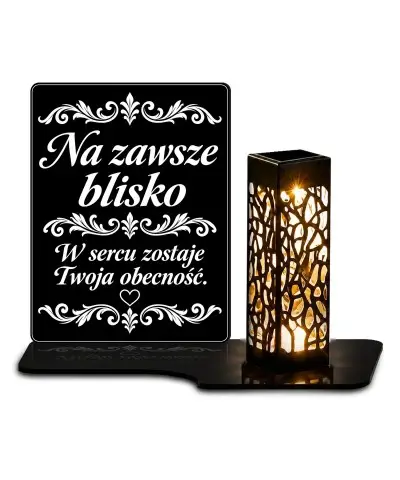 Duży znicz solarny LED XL z grawerem — Na zawsze blisko — ornament — białe tło