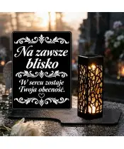 Duży znicz solarny LED XL z grawerem — Na zawsze blisko — ornament — na nagrobku w dzień