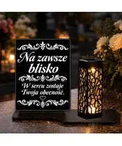 Duży znicz solarny LED XL z grawerem — Na zawsze blisko — ornament — ujęcie dzienne