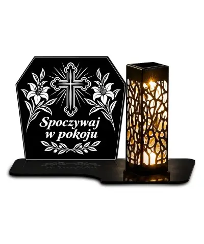 Duży znicz solarny LED XL z grawerem — Spoczywaj w pokoju — trumna — białe tło