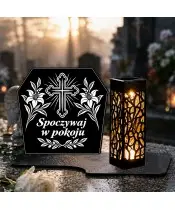 Duży znicz solarny LED XL z grawerem — Spoczywaj w pokoju — trumna — na nagrobku w dzień