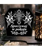 Duży znicz solarny LED XL z grawerem — Spoczywaj w pokoju — trumna — zbliżenie