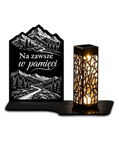 Duży znicz solarny LED XL z grawerem — Górski szlak — białe tło