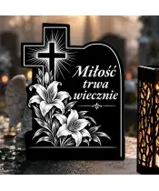 Duży znicz solarny LED XL z grawerem — Krzyż z liliami — zbliżenie