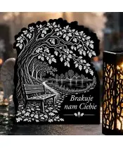 Duży znicz solarny LED XL z grawerem — Ławka pod drzewem — zbliżenie