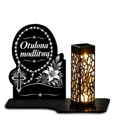 Duży znicz solarny LED XL z grawerem — Różaniec — białe tło