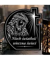 Duży znicz solarny LED XL z grawerem — Jezus w koronie i krzyż — zbliżenie