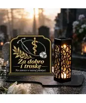 Duży znicz solarny LED XL z nadrukiem UV — Medycyna — Za dobro i troskę — na nagrobku w dzień