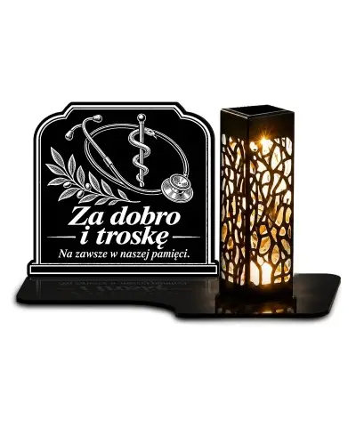 Duży znicz solarny LED XL z grawerem — Medycyna — Za dobro i troskę — białe tło
