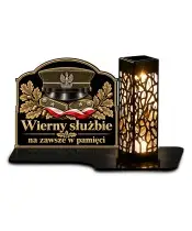 Duży znicz solarny LED XL z nadrukiem UV — Czapka wojskowa — Wierny służbie — białe tło