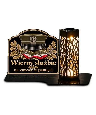 Duży znicz solarny LED XL z nadrukiem UV — Czapka wojskowa — Wierny służbie — białe tło