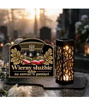 Duży znicz solarny LED XL z nadrukiem UV — Czapka wojskowa — Wierny służbie — na nagrobku w dzień