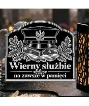 Duży znicz solarny LED XL z grawerem — Czapka wojskowa — Wierny służbie — zbliżenie