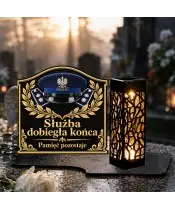 Duży znicz solarny LED XL z nadrukiem UV — Czapka policyjna — Pamięć pozostaje — na nagrobku w dzień
