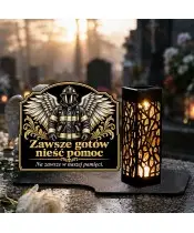 Duży znicz solarny LED XL z nadrukiem UV — Strażak ze skrzydłami — na nagrobku w dzień
