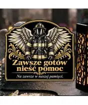 Duży znicz solarny LED XL z nadrukiem UV — Strażak ze skrzydłami — zbliżenie