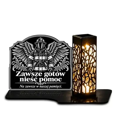 Duży znicz solarny LED XL z grawerem — Strażak ze skrzydłami — białe tło