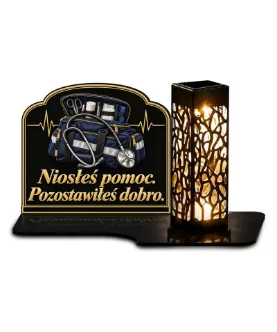 Duży znicz solarny LED XL z nadrukiem UV — Ratownik medyczny — Niosłeś pomoc — białe tło