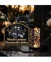 Duży znicz solarny LED XL z nadrukiem UV — Ratownik medyczny — Niosłeś pomoc — na nagrobku wieczorem