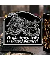 Duży znicz solarny LED XL z grawerem — Kolejarz — Twoja droga trwa — zbliżenie