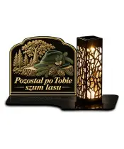 Duży znicz solarny LED XL z nadrukiem UV — Leśnik — Szum lasu — białe tło
