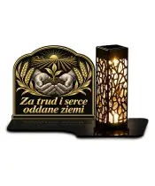 Duży znicz solarny LED XL z nadrukiem UV — Rolnik — Za trud i serce — białe tło