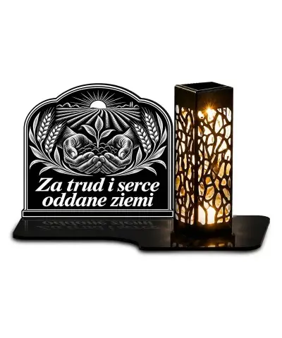 Duży znicz solarny LED XL z grawerem — Rolnik — Za trud i serce — białe tło