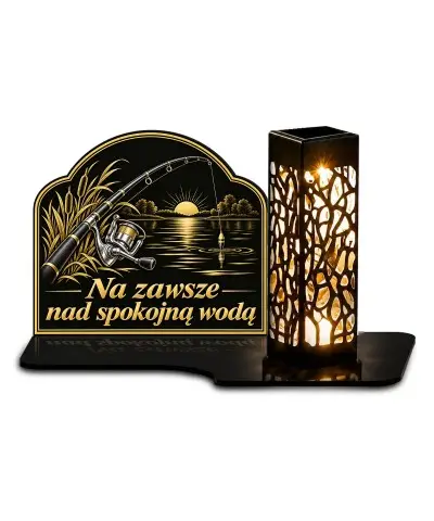 Duży znicz solarny LED XL z nadrukiem UV — Wędkarz — Spokojna woda — białe tło