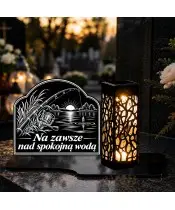 Duży znicz solarny LED XL z grawerem — Wędkarz — Spokojna woda — na nagrobku wieczorem